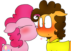 Size: 1024x736 | Tagged: safe, artist:candythehedgebatcat9, cheese sandwich, pinkie pie, earth pony, pony, blushing, cheesepie, eyes closed, female, heart, kiss on the cheek, kissing, male, nose wrinkle, shipping, straight, surprise kiss, surprised