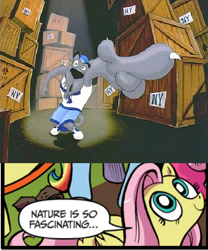 Size: 392x472 | Tagged: safe, idw, fluttershy, dog, pegasus, pony, blue coat, blue eyes, dialogue, exploitable meme, female, looking up, mare, meme, multicolored tail, nature is so fascinating, obligatory pony, pink coat, pink mane, rapping dog, smiling, speech bubble, titanic the legend goes on, wat, wings, yellow coat