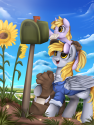Size: 2550x3389 | Tagged: safe, artist:pridark, derpy hooves, dinky hooves, pegasus, pony, equestria's best mother, female, letter, mailbag, mailbox, mare, mouth hold, sunflower