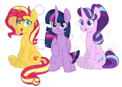 Size: 1200x855 | Tagged: safe, artist:chautung, starlight glimmer, sunset shimmer, twilight sparkle, twilight sparkle (alicorn), alicorn, pony, unicorn, magical trio, simple background, sitting, smiling, tongue out, transparent background, trio