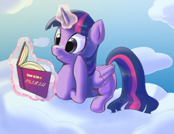 Size: 1650x1275 | Tagged: safe, artist:princrim, derpibooru import, twilight sparkle, twilight sparkle (alicorn), alicorn, pony, book, cloud, female, magic, mare, on a cloud, reading, solo, telekinesis