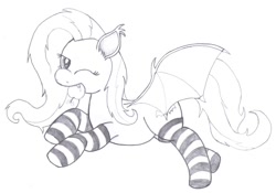 Size: 1000x700 | Tagged: safe, artist:an-tonio, fluttershy, bat pony, pony, clothes, flutterbat, monochrome, sketch, socks, solo, striped socks, traditional art, wink