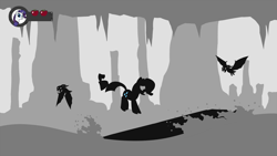 Size: 1920x1080 | Tagged: safe, artist:rainbow-hooves, rarity, pony, unicorn, vampire fruit bat, fake screencap, monochrome, solo, video game