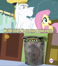 Size: 534x600 | Tagged: safe, bulk biceps, fluttershy, pegasus, pony, blonde, blonde mane, blonde tail, blue eyes, curtain, ear piercing, exploitable meme, female, looking to side, looking to the right, male, mare, meme, open mouth, oscar the grouch, piercing, pink mane, pink tail, red eyes, replacement meme, sesame street, smiling, spread wings, stallion, text, white coat, wings, yellow coat