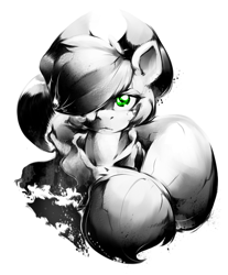 Size: 570x690 | Tagged: safe, artist:0r0ch1, applejack, earth pony, pony, black and white, grayscale, monochrome, neo noir, partial color, solo