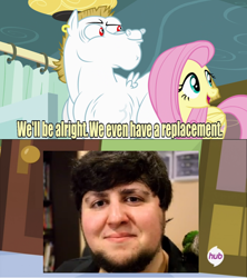 Size: 634x715 | Tagged: safe, bulk biceps, fluttershy, pegasus, pony, 1000 hours in ms paint, blonde, blonde mane, blonde tail, blue eyes, curtain, ear piercing, exploitable meme, female, jontron, looking to side, looking to the right, male, mare, meme, ms paint, open mouth, piercing, pink mane, pink tail, red eyes, replacement meme, smiling, spread wings, stallion, text, white coat, wings, yellow coat