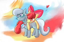 Size: 1272x838 | Tagged: safe, artist:jazzteeth, apple bloom, silver spoon, earth pony, pony, accessory, apple bloom's bow, applespoon, bow, female, glasses, heart, lesbian, necklace, pearl necklace, shipping