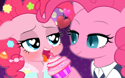 Size: 1024x640 | Tagged: safe, artist:momo, pinkie pie, changeling, earth pony, pony, bedroom eyes, cupcake, cute, diapinkes, duality, famihara, feeding, wingding eyes