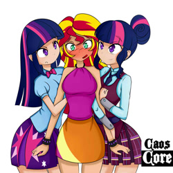 Size: 750x750 | Tagged: safe, artist:caoscore, sci-twi, sunset shimmer, twilight sparkle, equestria girls, blushing, blushing profusely, breasts, clothes, cute, embarrassed, female, hair bun, human coloration, lesbian, scitwishimmer, shipping, simple background, skirt, sleeveless, smiling, sunset jiggler, sunset twiangle, sunsetsparkle, twolight, white background