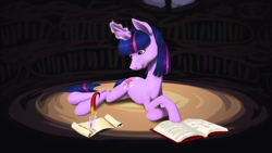 Size: 2596x1460 | Tagged: safe, artist:poniker, derpibooru import, twilight sparkle, book, magic, quill, scroll, solo, writing