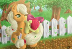 Size: 1000x685 | Tagged: safe, artist:robbergon, apple bloom, applejack, earth pony, pony, carrying, female, mare