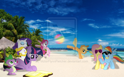 Size: 800x500 | Tagged: safe, artist:kooner-cz, artist:littleponyforever, artist:missbeigepony, artist:myardius, artist:takua770, artist:victorflynnfletcher, derpibooru import, applejack, fluttershy, pinkie pie, rainbow dash, rarity, spike, twilight sparkle, bathrobe, beach, beach ball, book, clothes, glasses, irl, mane seven, mane six, photo, ponies in real life, robe, vector, watermark