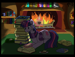 Size: 3312x2512 | Tagged: safe, artist:moonstruck-badger, derpibooru import, twilight sparkle, book, fireplace, library, magic, pile, reading, solo