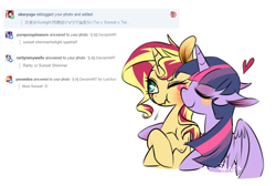 Size: 1000x671 | Tagged: safe, artist:phyllismi, sunset shimmer, twilight sparkle, twilight sparkle (alicorn), alicorn, unicorn, blushing, blushing profusely, cute, duo, eyes closed, female, heart, hug, kiss on the cheek, kissing, lesbian, mare, milestone, milestone celebration, one eye closed, shimmerbetes, shipping, simple background, sunsetsparkle, tumblr, white background