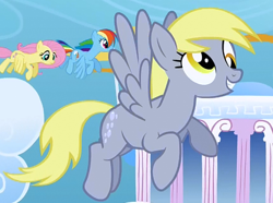 Size: 430x320 | Tagged: safe, screencap, derpy hooves, fluttershy, rainbow dash, pegasus, pony, sonic rainboom (episode), background pony, cropped, cute, derpabetes, female, flying, mare, solo focus