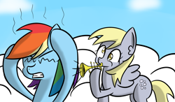 Size: 3707x2162 | Tagged: safe, artist:artiks, derpibooru import, derpy hooves, rainbow dash, pegasus, pony, cloud, duo, duo female, female, high res, musical instrument, ponified meme, trumpet, trumpet boy