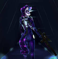 Size: 1700x1723 | Tagged: safe, artist:oneofyouare, radiance, rarity, anthro, robot, gun, looking back, mask, no trigger discipline, power ponies, rifle, skinsuit, suppressor, tight clothing, weapon