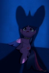 Size: 978x1450 | Tagged: safe, artist:kethuze, derpibooru import, twilight sparkle, oc, oc:spell nexus, fanfic:past sins, collar, prison, scared, shadow