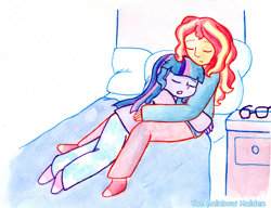 Size: 2213x1696 | Tagged: safe, artist:therainbowmaiden, sci-twi, sunset shimmer, twilight sparkle, equestria girls, bed, clothes, cuddling, eyes closed, female, glasses, hug, lesbian, pajamas, scitwishimmer, shipping, sleeping, sunsetsparkle