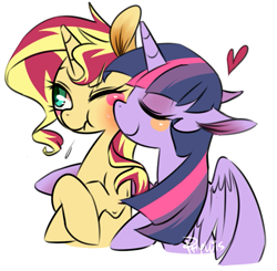 Size: 547x537 | Tagged: safe, alternate version, artist:phyllismi, edit, sunset shimmer, twilight sparkle, twilight sparkle (alicorn), alicorn, pony, unicorn, blushing, blushing profusely, cropped, cute, duo, eyes closed, female, heart, hug, kiss on the cheek, kissing, lesbian, mare, one eye closed, shimmerbetes, shipping, simple background, smiling, sunsetsparkle, tumblr, wavy mouth, white background