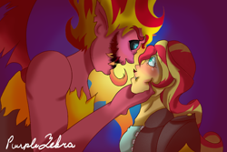 Size: 916x611 | Tagged: safe, artist:luminescence553, sunset satan, sunset shimmer, demon, equestria girls, contrast, glasgow smile, holding head, looking at each other, scary, self paradox, tongue out