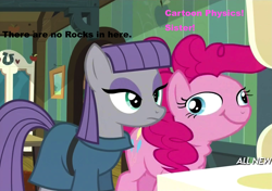 Size: 1529x1078 | Tagged: safe, maud pie, pinkie pie, earth pony, pony, maud pie (episode), image macro, meme, pink text