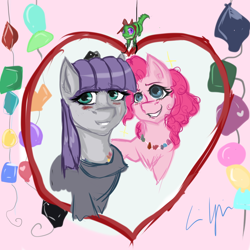 Size: 1000x1000 | Tagged: safe, artist:zakkurro, gummy, maud pie, pinkie pie, earth pony, pony, maud pie (episode), blushing, rock candy necklace, sisters