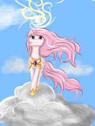 Size: 1024x1365 | Tagged: dead source, safe, artist:casualone, princess celestia, alicorn, pony, cloud, cloudy, deviantart watermark, flowing mane, magic, obtrusive watermark, pink-mane celestia, solo, watermark, younger