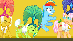 Size: 1920x1080 | Tagged: safe, derpibooru import, screencap, apple rose, goldie delicious, granny smith, rainbow dash, earth pony, pegasus, pony, grannies gone wild, biting, clothes, elderly, feather hat, female, mare, shirt, showgirl, t-shirt, tail, tail bite, tail pull