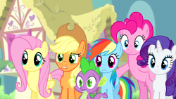 Size: 1920x1080 | Tagged: safe, derpibooru import, screencap, applejack, fluttershy, pinkie pie, rainbow dash, rarity, spike, dragon, earth pony, pegasus, pony, unicorn, twilight's kingdom, female, male, mare, ponyville