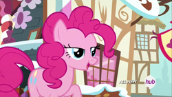 Size: 1920x1080 | Tagged: safe, screencap, pinkie pie, earth pony, pony, maud pie (episode), hub logo, lidded eyes, solo