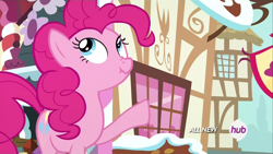 Size: 1920x1080 | Tagged: safe, screencap, pinkie pie, earth pony, pony, maud pie (episode), hub logo, scrunchy face, solo