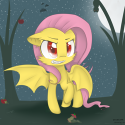 Size: 2300x2300 | Tagged: safe, artist:meotashie, fluttershy, bats!, apple, flutterbat, moon, solo