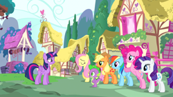 Size: 1920x1080 | Tagged: safe, derpibooru import, screencap, applejack, fluttershy, pinkie pie, rainbow dash, rarity, spike, twilight sparkle, twilight sparkle (alicorn), alicorn, dragon, earth pony, pegasus, pony, unicorn, twilight's kingdom, female, male, mane seven, mane six, mare, ponyville