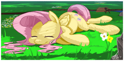 Size: 1352x664 | Tagged: safe, artist:shnider, fluttershy, pegasus, pony, :t, cute, eyes closed, field, flower, grass, horses doing horse things, on side, outdoors, shyabetes, sleeping, solo