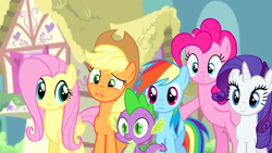 Size: 1920x1080 | Tagged: safe, derpibooru import, screencap, applejack, fluttershy, pinkie pie, rainbow dash, rarity, spike, dragon, earth pony, pegasus, pony, unicorn, twilight's kingdom, animation error, female, male, mare