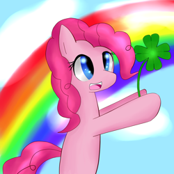 Size: 1024x1024 | Tagged: safe, artist:kawaiipony2, pinkie pie, earth pony, pony, clover, female, four leaf clover, mare, open mouth, rainbow, saint patrick's day, smiling, solo
