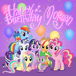 Size: 1590x1590 | Tagged: safe, artist:mosuga, derpibooru import, applejack, fluttershy, pinkie pie, rainbow dash, rarity, spike, twilight sparkle, twilight sparkle (alicorn), alicorn, dragon, earth pony, pegasus, pony, unicorn, balloon, birthday, birthday cake, blushing, bow, cake, confetti, food, hair bow, happy birthday, mane seven, mane six, rainbow power, smiling, tail bow
