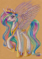 Size: 600x846 | Tagged: safe, artist:maytee, princess celestia, alicorn, pony, raised hoof, solo, spread wings, traditional art