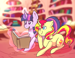 Size: 3948x3042 | Tagged: safe, artist:hyperion-jack, sunset shimmer, twilight sparkle, twilight sparkle (alicorn), alicorn, pony, book, curved horn, female, golden oaks library, lesbian, library, magic, one eye closed, open mouth, prone, shipping, smiling, sunsetsparkle, telekinesis