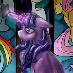 Size: 1024x1024 | Tagged: safe, artist:albinnada, derpibooru import, fluttershy, rainbow dash, rarity, twilight sparkle, twilight sparkle (alicorn), alicorn, pegasus, pony, unicorn, alternate hair color, female, glowing horn, immortality blues, mare, remembrance, sad, sitting, solo, stained glass