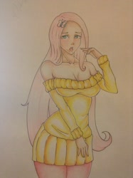 Size: 1936x2592 | Tagged: safe, artist:samaelalighieri, fluttershy, human, breasts, cleavage, clothes, female, hootershy, humanized, light skin, off shoulder, solo, sweater, sweater dress, sweatershy