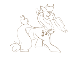 Size: 900x675 | Tagged: safe, artist:sion, applejack, earth pony, pony, apple, balancing, dock, eyes closed, featureless crotch, grayscale, monochrome, mouth hold, obligatory apple, pixiv, plot, smiling, solo