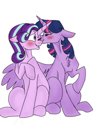 Size: 900x1200 | Tagged: safe, artist:ficklepickle9421, starlight glimmer, twilight sparkle, twilight sparkle (alicorn), alicorn, pony, unicorn, blushing, chest fluff, cute, eyes closed, female, floppy ears, glimmerbetes, kissing, lesbian, mare, one eye closed, shipping, simple background, twistarlight