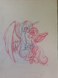 Size: 764x1024 | Tagged: safe, artist:mercurypony, princess celestia, princess luna, alicorn, pony, cute, drawing, filly, lifting, s1 luna, sisters, smiling, spread wings, traditional art, wings, woona