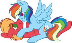 Size: 1026x623 | Tagged: safe, artist:ivybrush, derpibooru import, big macintosh, rainbow dash, earth pony, pegasus, pony, boop, male, missing accessory, noseboop, rainbowmac, shipping, simple background, smiling, straight, transparent background