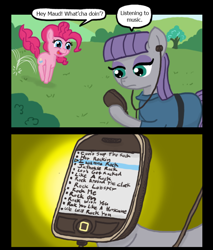 Size: 640x750 | Tagged: safe, artist:ficficponyfic, maud pie, pinkie pie, earth pony, pony, comic, earbuds, iphone, music, rock, that pony sure does love rocks