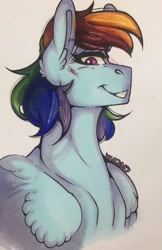 Size: 829x1280 | Tagged: safe, artist:nightmare-moons-throneroom, derpibooru import, rainbow dash, pegasus, pony, blushing, ear fluff, female, grin, looking at you, mare, sidemouth, simple background, smiling, solo, traditional art, white background