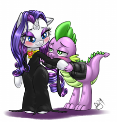 Size: 1000x1038 | Tagged: safe, artist:pia-sama, rarity, spike, dragon, pony, unicorn, bipedal, female, gomez addams, male, morticia addams, shipping, sparity, straight, the addams family