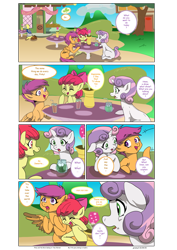 Size: 1600x2261 | Tagged: safe, artist:jeremy3, apple bloom, derpy hooves, scootaloo, sweetie belle, earth pony, pegasus, pony, unicorn, comic:everfree, cafe, clover cafe, comic, cutie mark crusaders, female, filly, laughing, mailmare, mare, pinky and the brain, ponyville